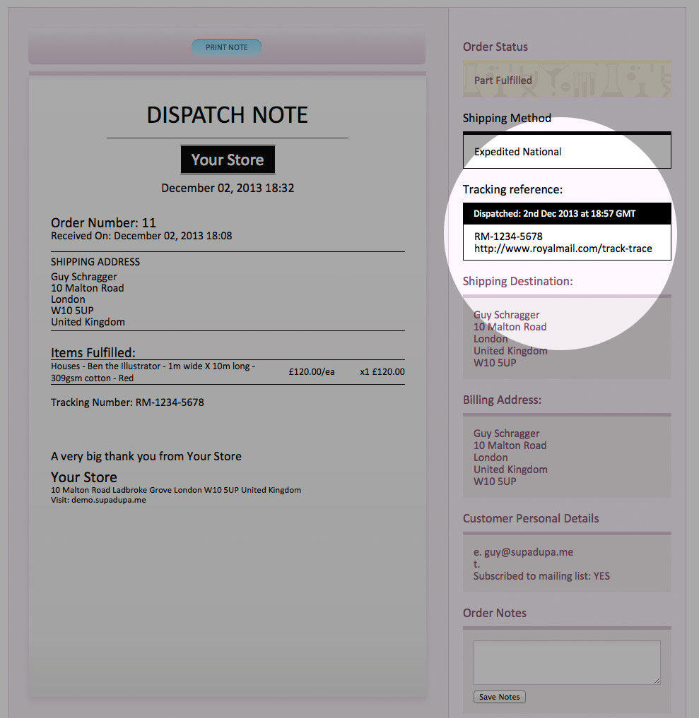 Your customer can see their order tracking reference in their order dispatch confirmation email